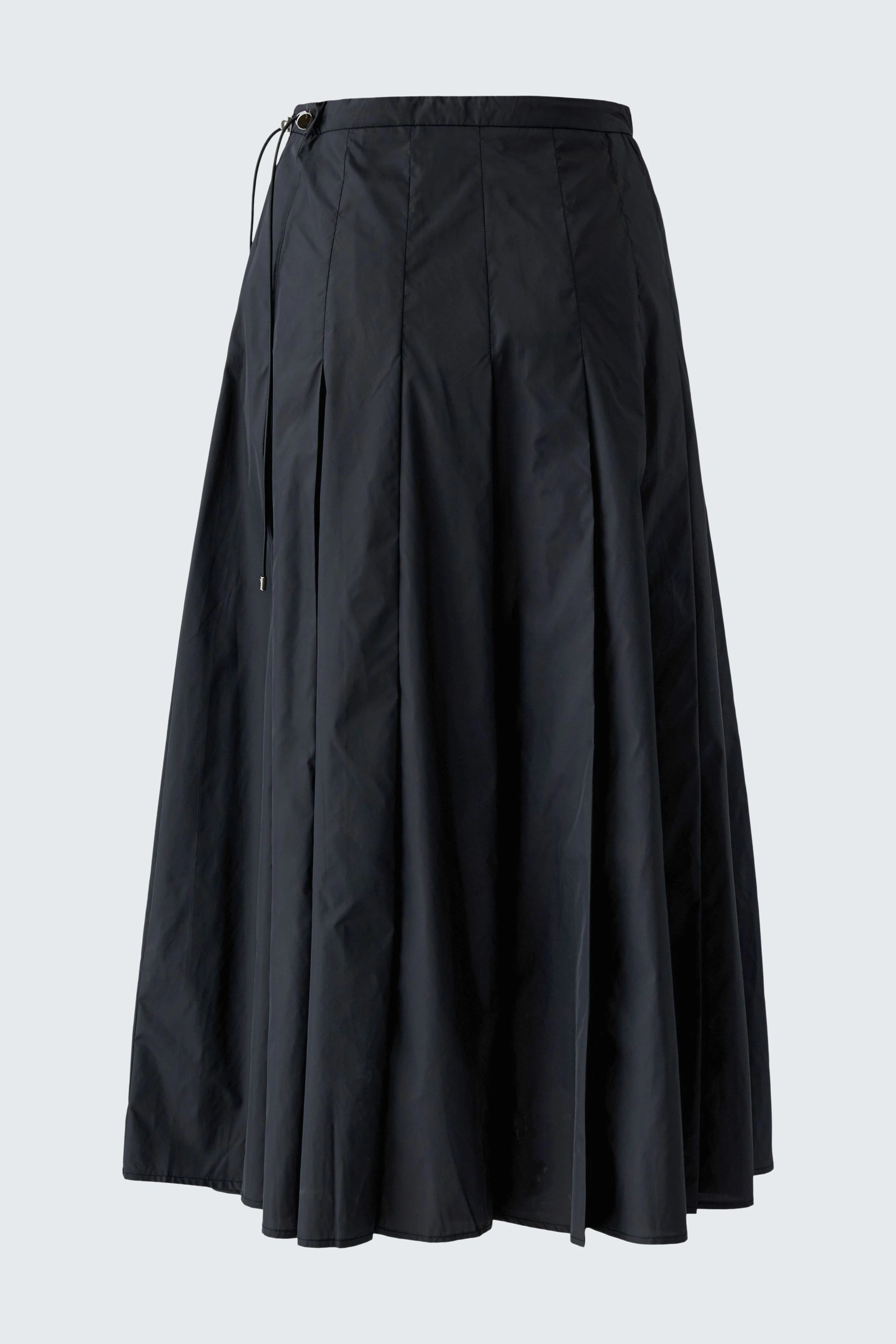 Black A-line skirt: Flowing fabric with subtle pleats, perfect for versatile styling.