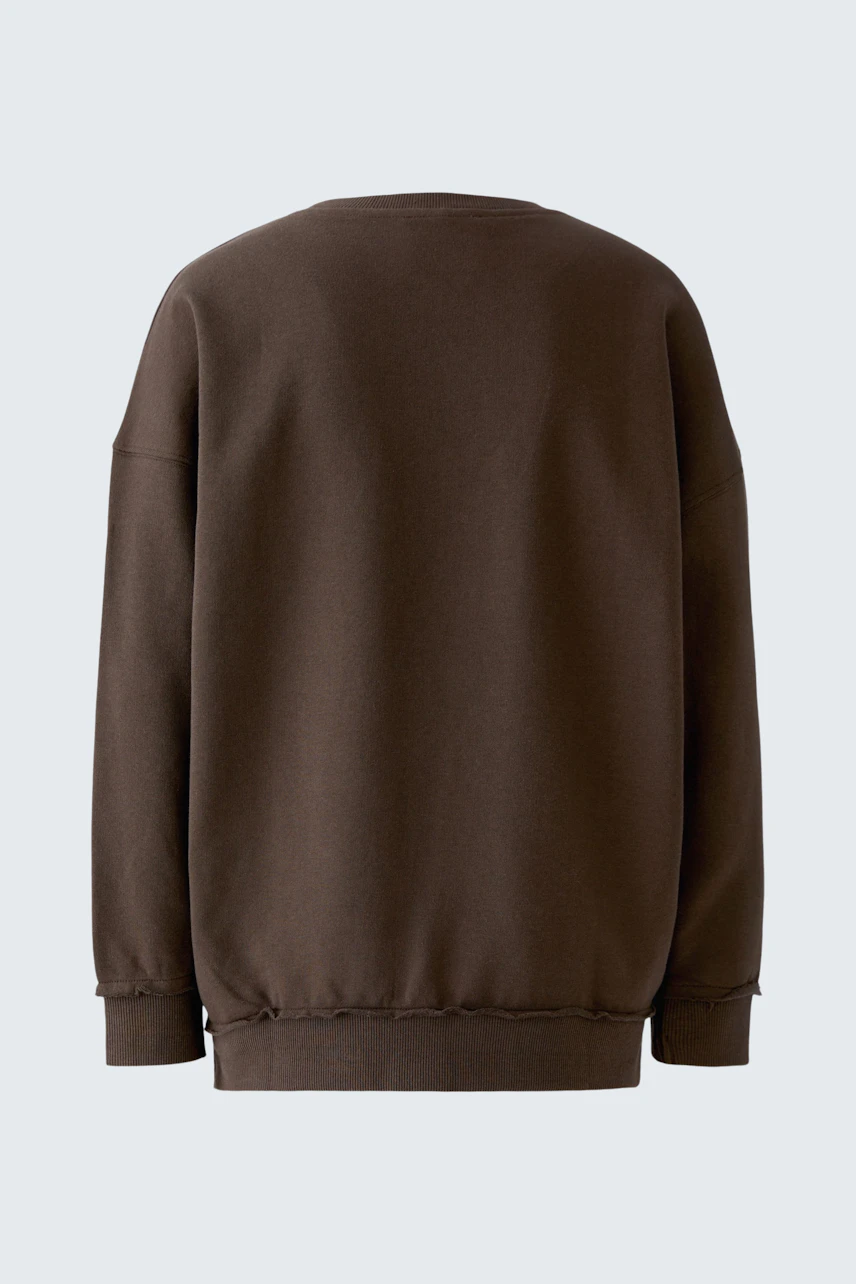 Braunes Sweatshirt: Rückansicht eines schlichten, bequemen Sweatshirts ohne sichtbare Details.