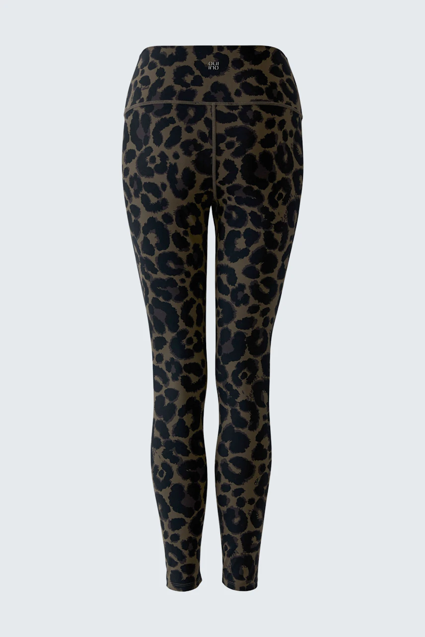 Leopard-Leggings: Eng anliegende Damen-Leggings mit auffälligem Leopardenmuster, ohne Model abgebildet.