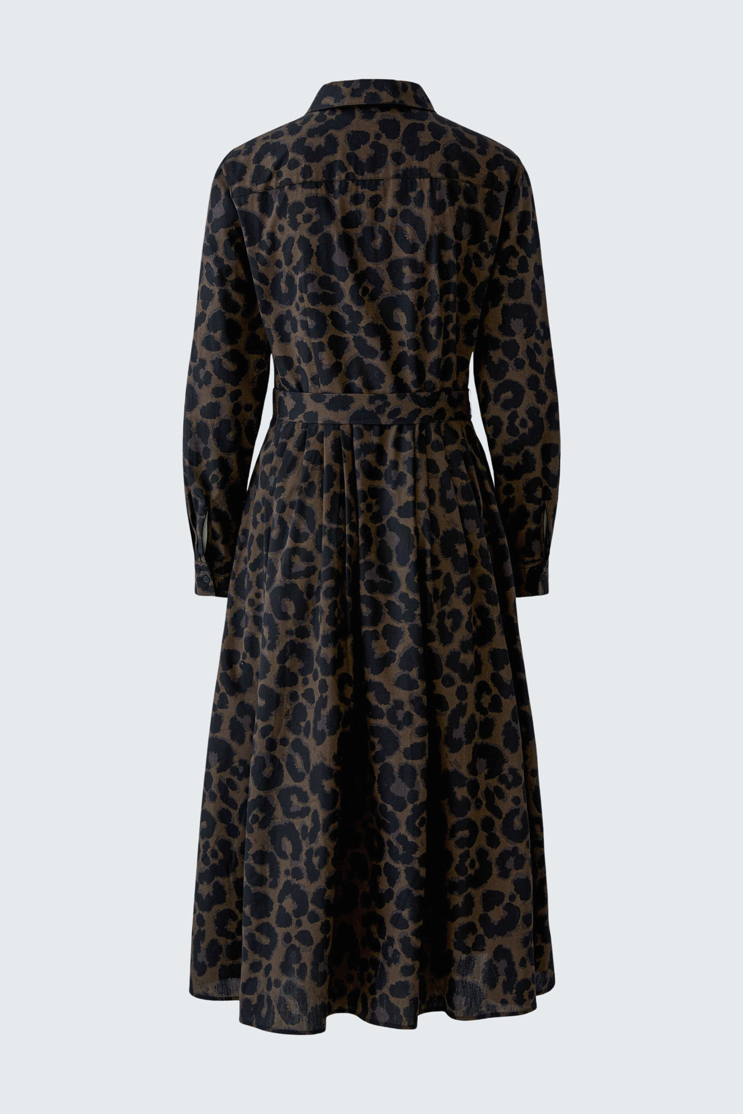 Leopard print midi dress: A stylish, long-sleeved dress with a classic collar and flowing skirt.