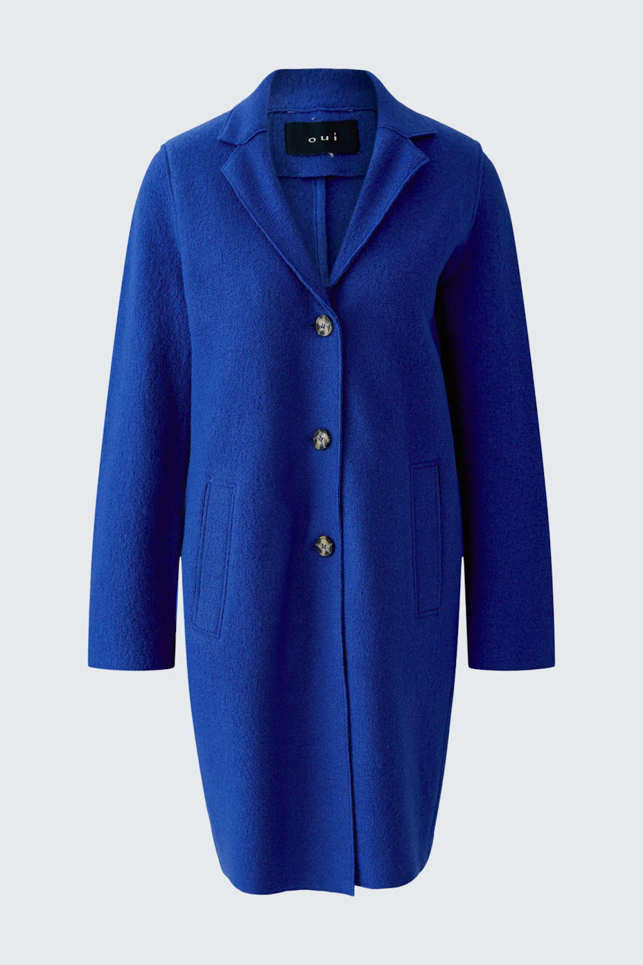 Blauer Wollmantel: Klassischer Damenmantel mit Knöpfen und Taschen, ideal für kühle Tage.