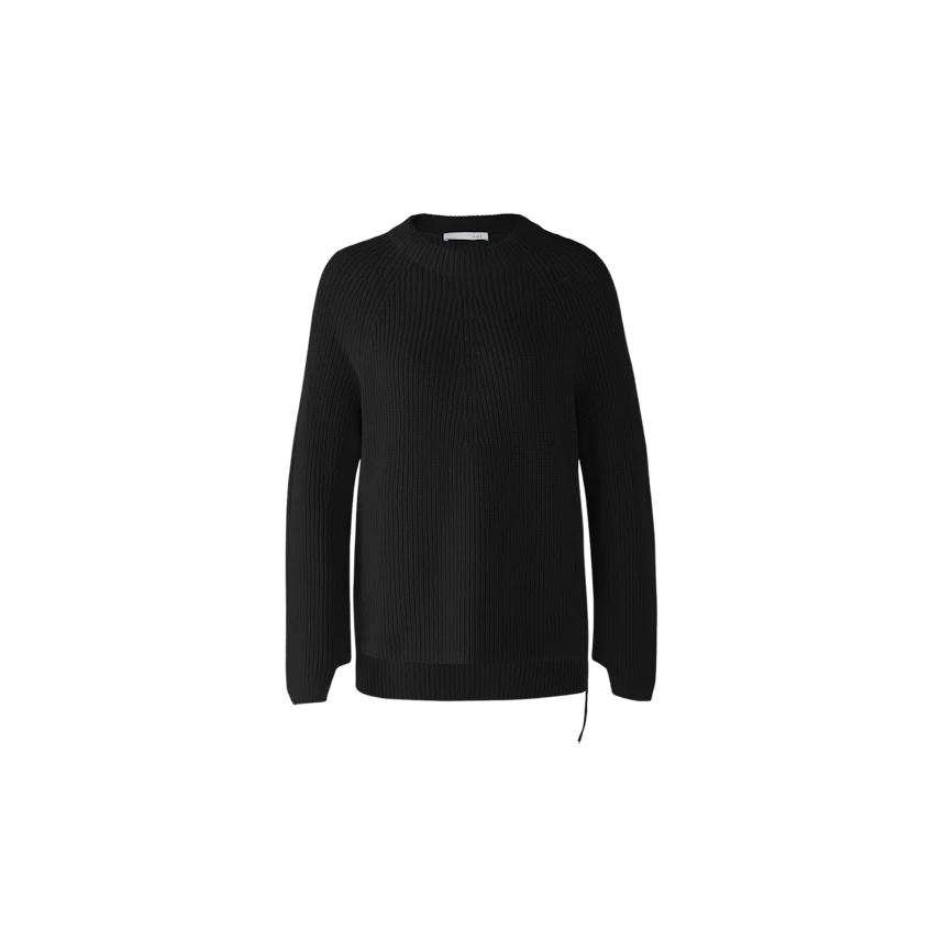 Schwarzer Damen-Pullover mit Rippenstruktur und lässigem Schnitt, ideal für den Alltag.
