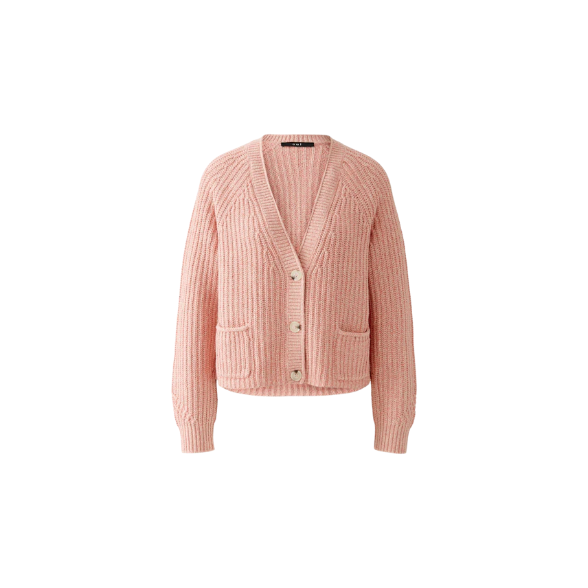 Cozy women's cardigan in soft pink with a relaxed fit and button closure.