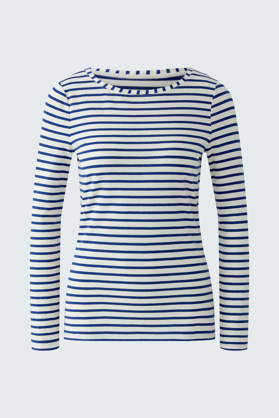 Gestreiftes Langarmshirt: Blau-weißes Shirt mit Rundhalsausschnitt, ideal für lässige Alltagslooks.