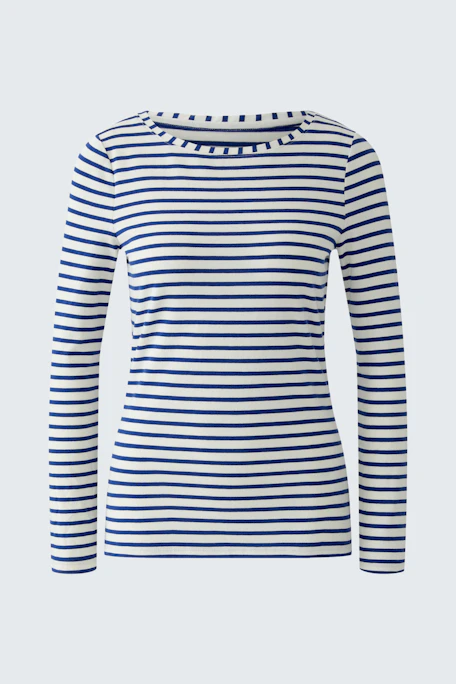 Gestreiftes Langarmshirt: Blau-weißes Shirt mit Rundhalsausschnitt, ideal für lässige Alltagslooks.