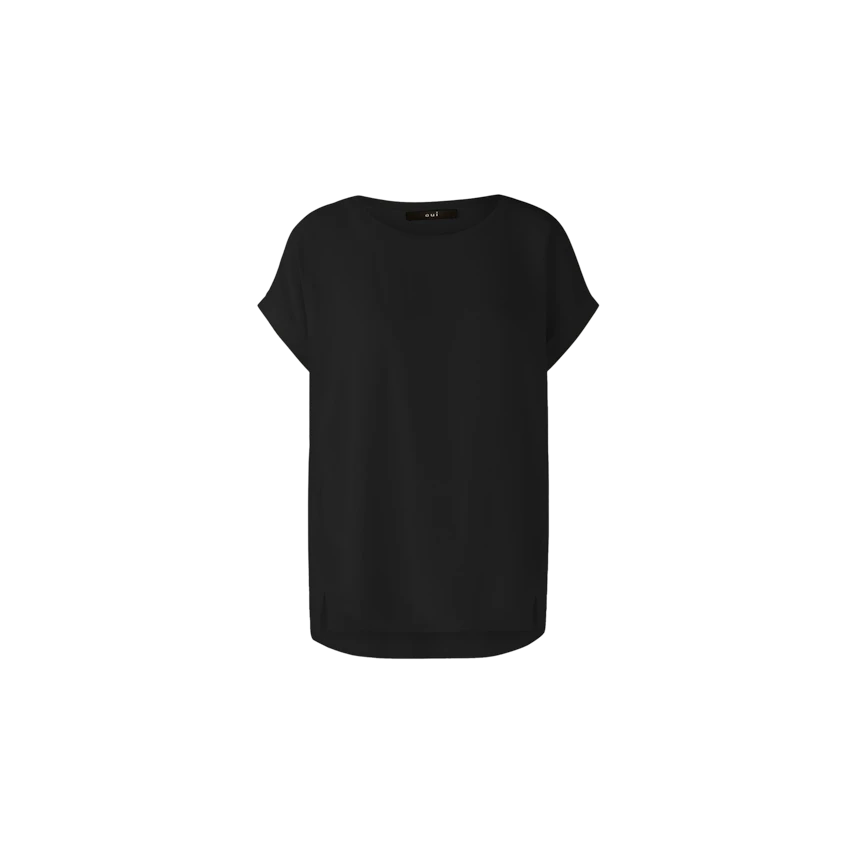 Casual women's blouse shirt in black, featuring a relaxed fit and short sleeves.