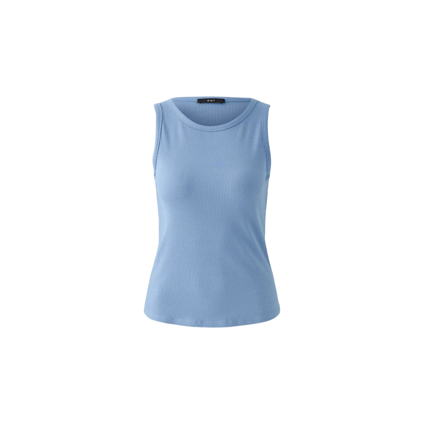 Light blue sleeveless top: A woman in a fitted ribbed top, perfect for casual summer outfits.