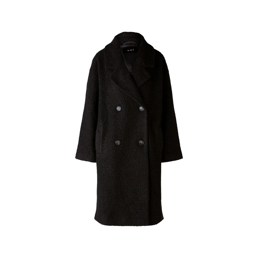 Elegant women's winter coat in black with a double-breasted design and soft texture.