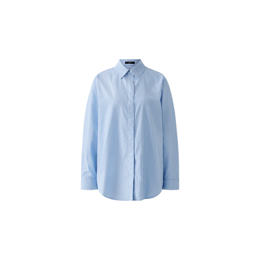 Stylish women's blouse: A light blue striped shirt with a relaxed fit and button-down collar.