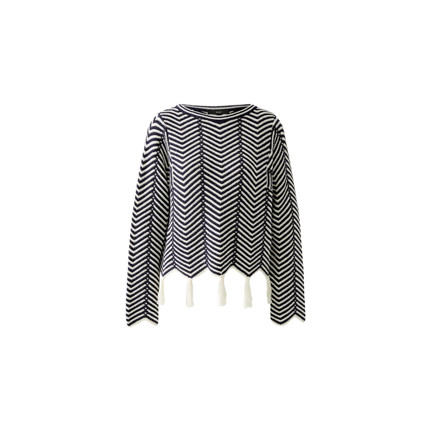 Damen-Pullover mit modernem Zickzackmuster und fransigen Details am Saum.