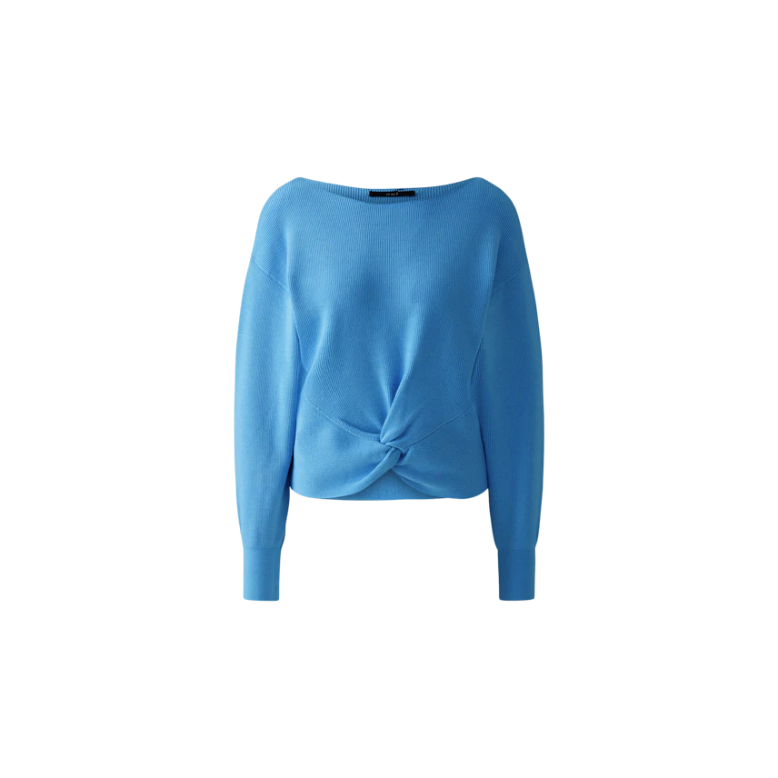 Stylish women's pullover in soft blue with a trendy knotted front design.