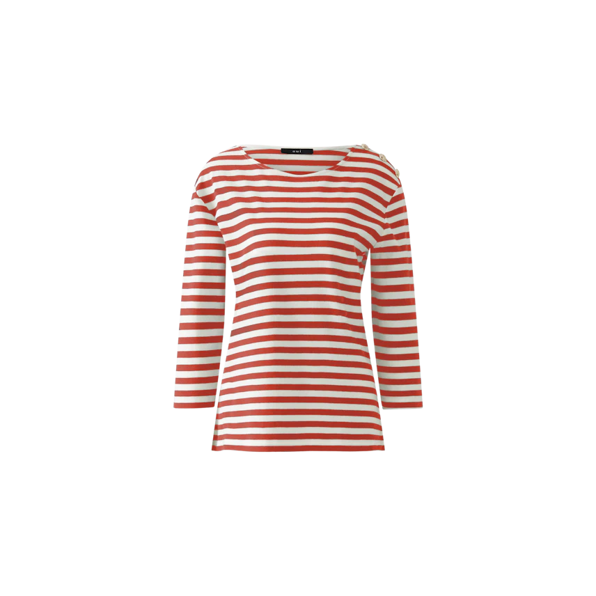 Stylish women's long-sleeve shirt: Red and white striped design, perfect for casual wear.