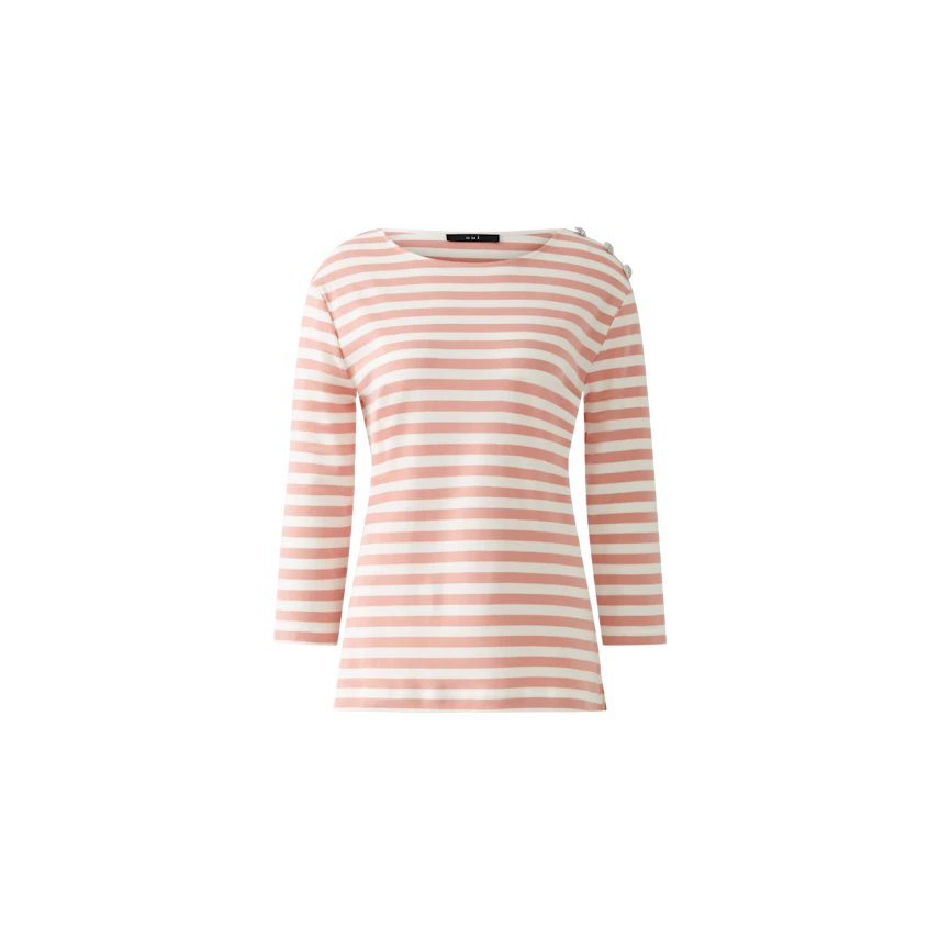 Stylish long-sleeve shirt: A woman in a pink and white striped pullover, perfect for casual wear.