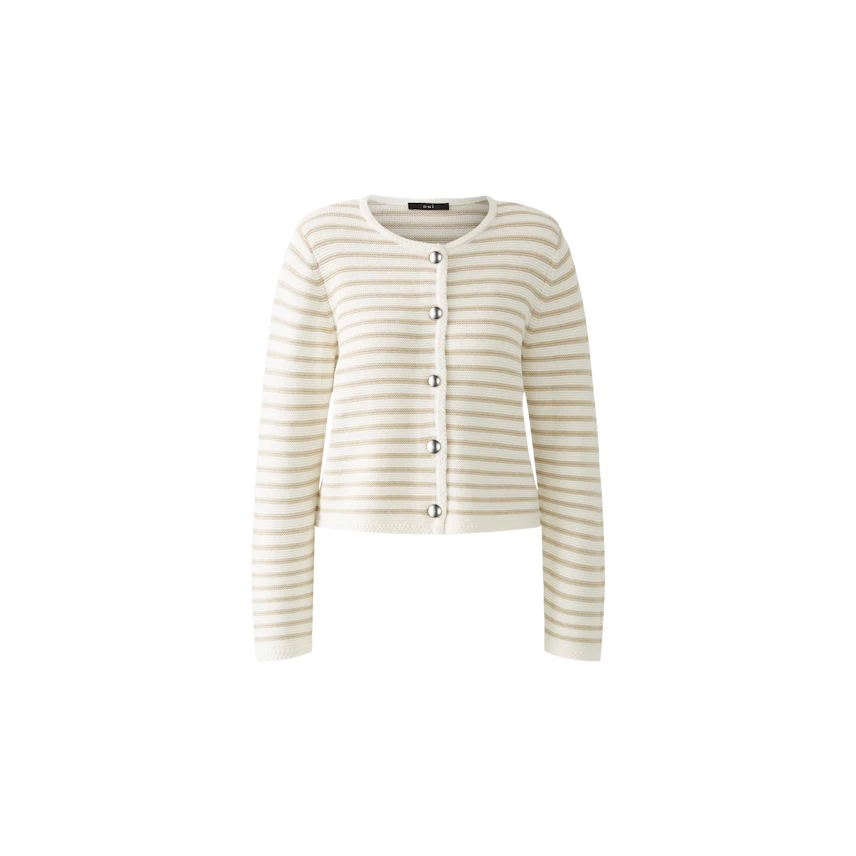Elegante Damen-Strickjacke in Creme mit Streifen und Knöpfen, ideal für lässige Outfits.