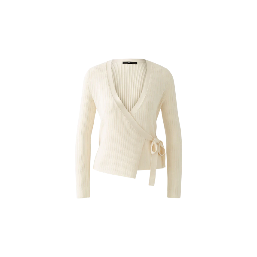 Elegant women's cardigan in soft cream with a stylish wrap design and tie detail.
