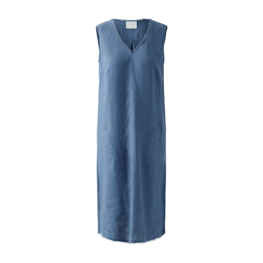 Casual A-line dress: A woman in a sleeveless blue dress with a V-neck and side pockets.