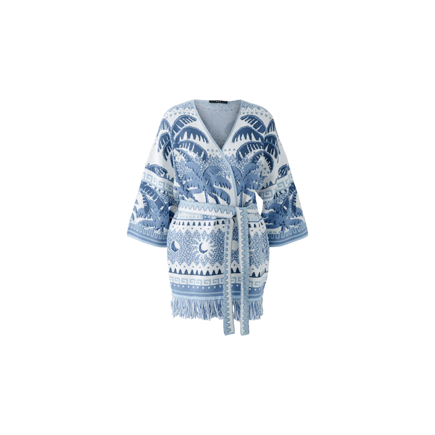 Casual women's cardigan: A blue patterned knit cardigan with a tie belt and wide sleeves.