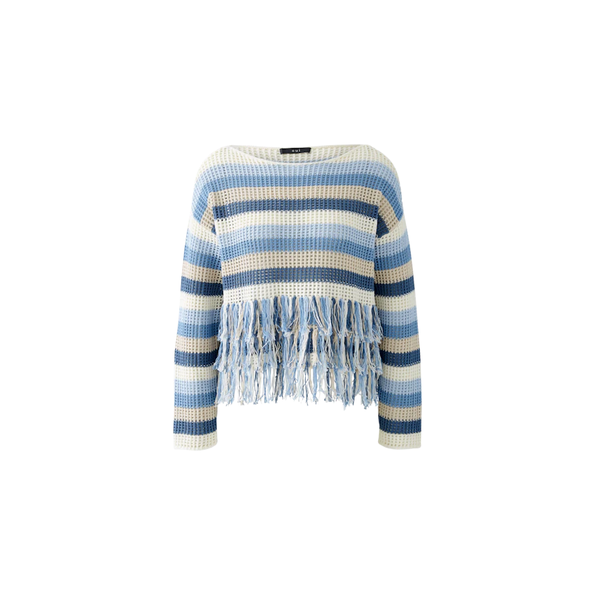 Casual women's pullover: Blue striped pullover with fringe detailing, perfect for relaxed outfits.