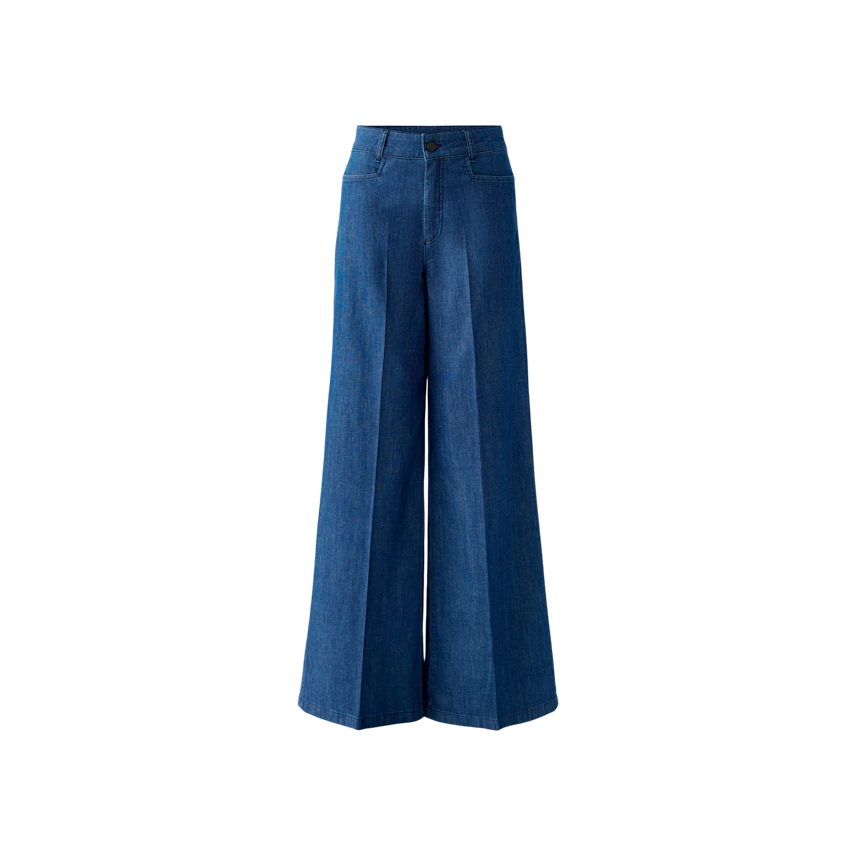 Wide-leg women's pants in dark denim with a high waist and a relaxed fit.