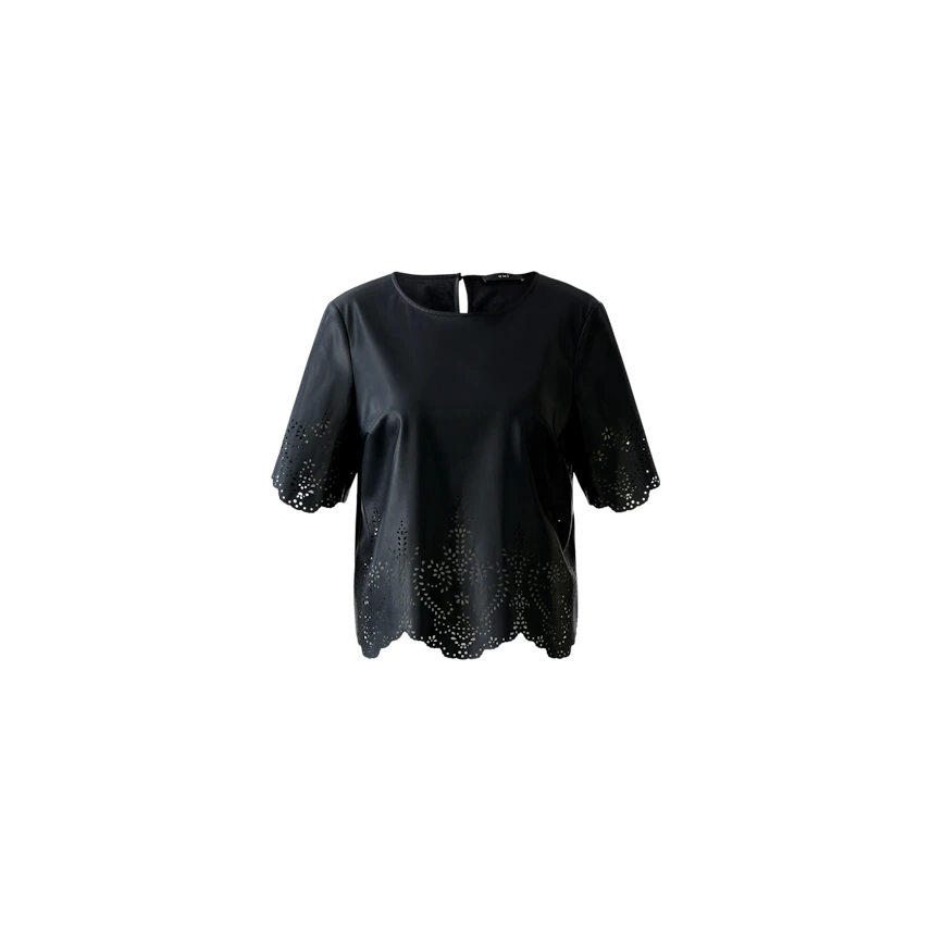 Modern women's blouse: Black top with decorative cutouts, perfect for casual wear.