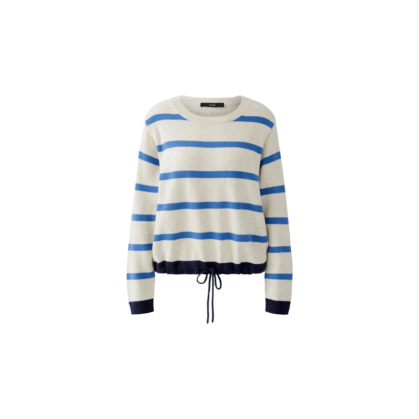 Casual women's pullover: Light gray with blue stripes and drawstring hem, perfect for relaxed outfits.