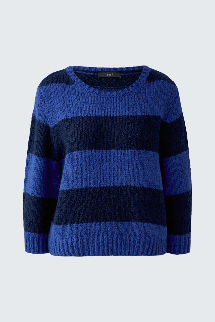 Casual pullover: Blue and black striped pullover with a cozy, textured knit.