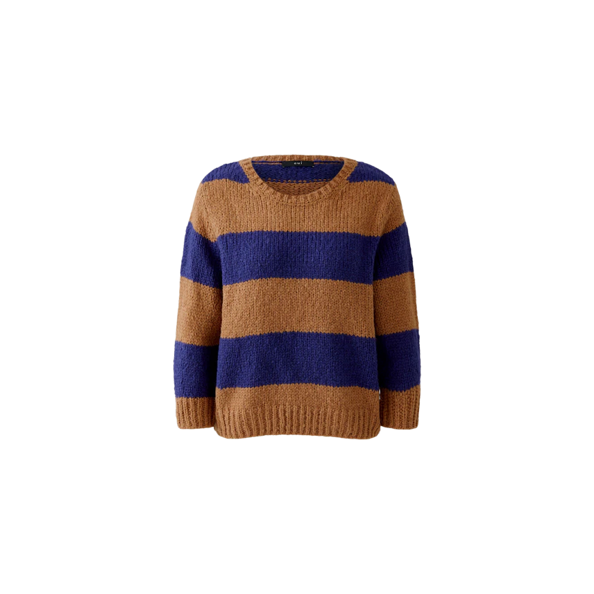 Gemütlicher Damen-Pullover in braun-blauen Streifen, lässig und bequem für jeden Anlass.