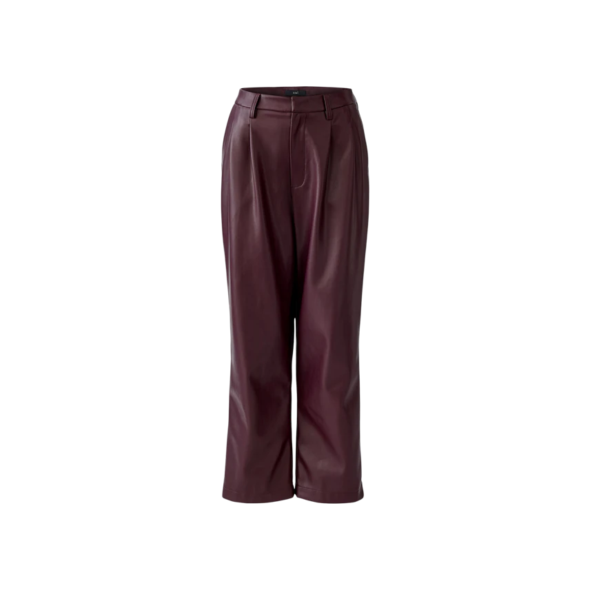 Stylish women's pleated trousers in deep burgundy, offering a relaxed fit and modern look.