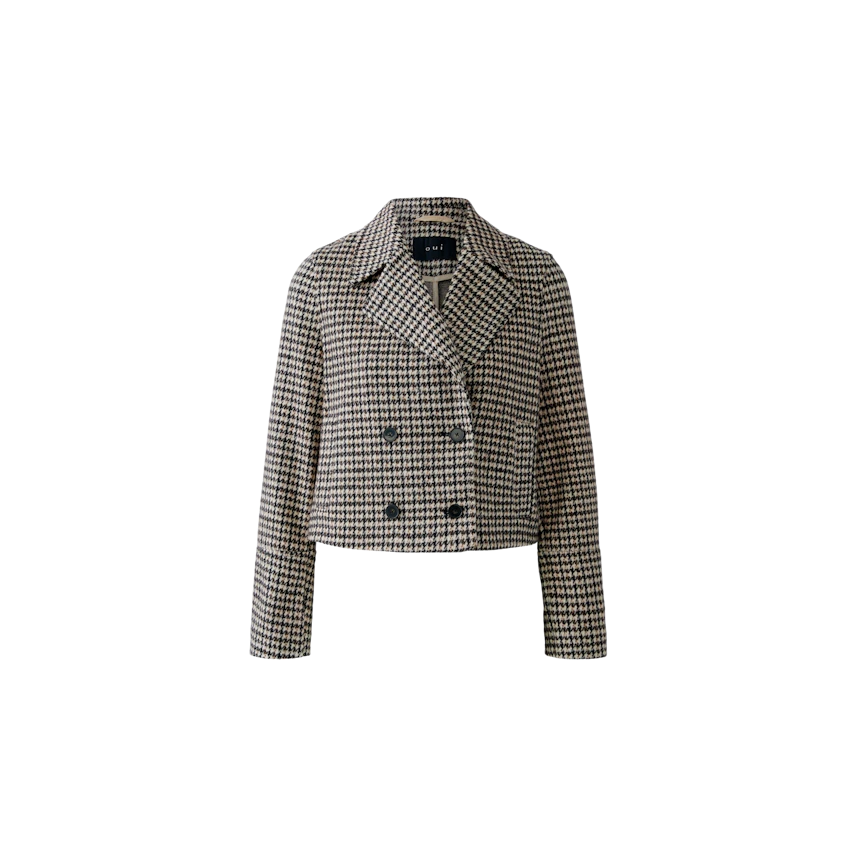 Moderne Damen-Jacke: Kurze, karierte Jacke mit doppelter Knopfleiste und klassischem Revers.