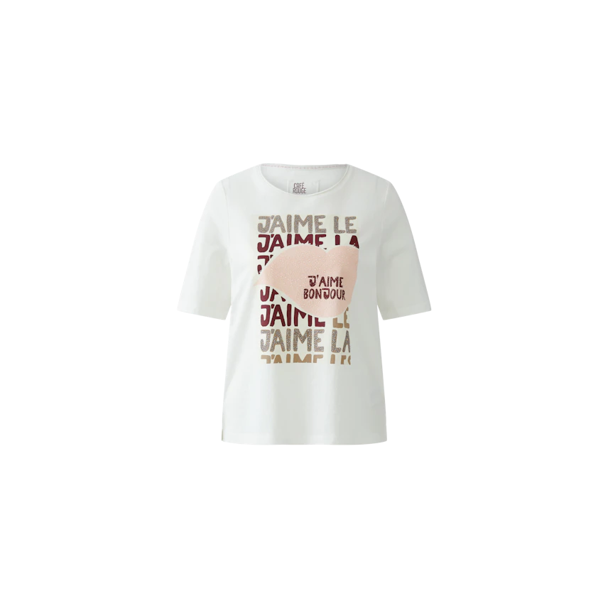 Casual women's T-shirt: White shirt with colorful text design, perfect for everyday wear.