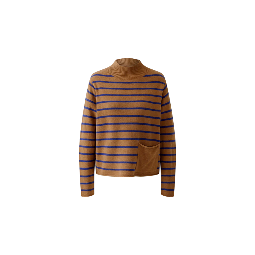 Bequemer Damen-Pullover in Braun mit blauen Streifen und praktischer Tasche.