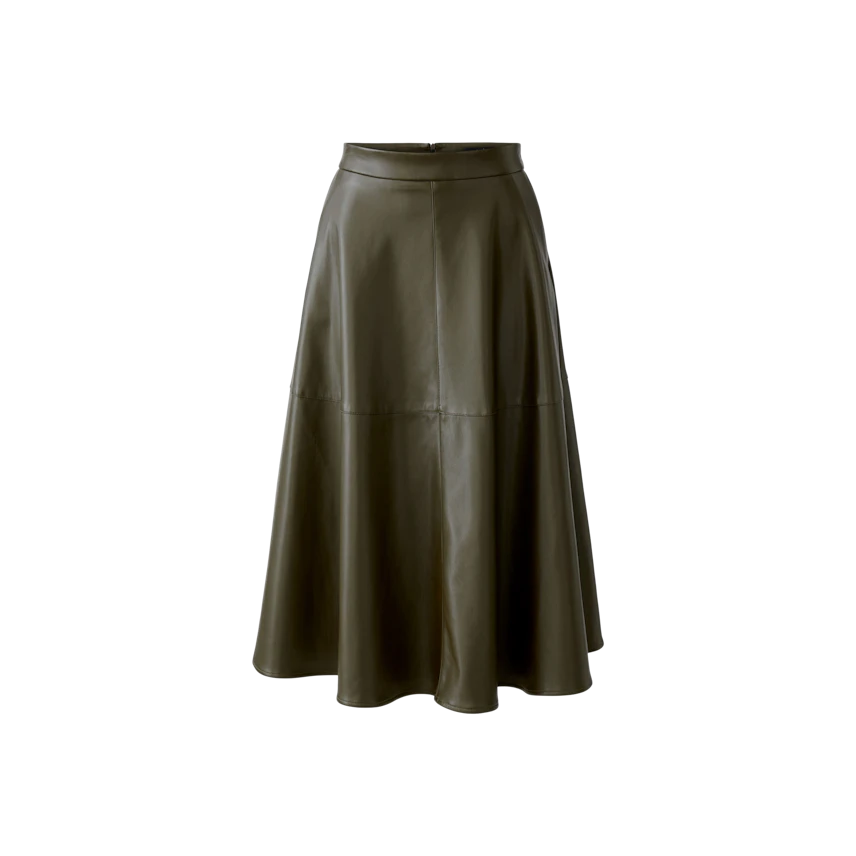 A-line skirt: A woman in a stylish olive green skirt with a flared design, perfect for casual wear.