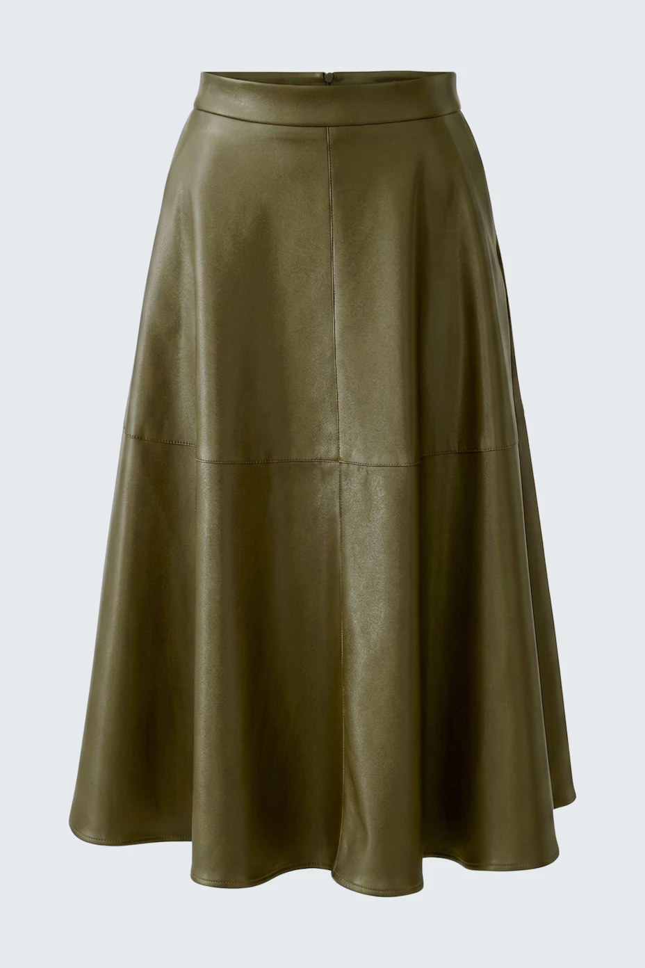 A-line skirt in olive green, flowing fabric, perfect for casual wear.