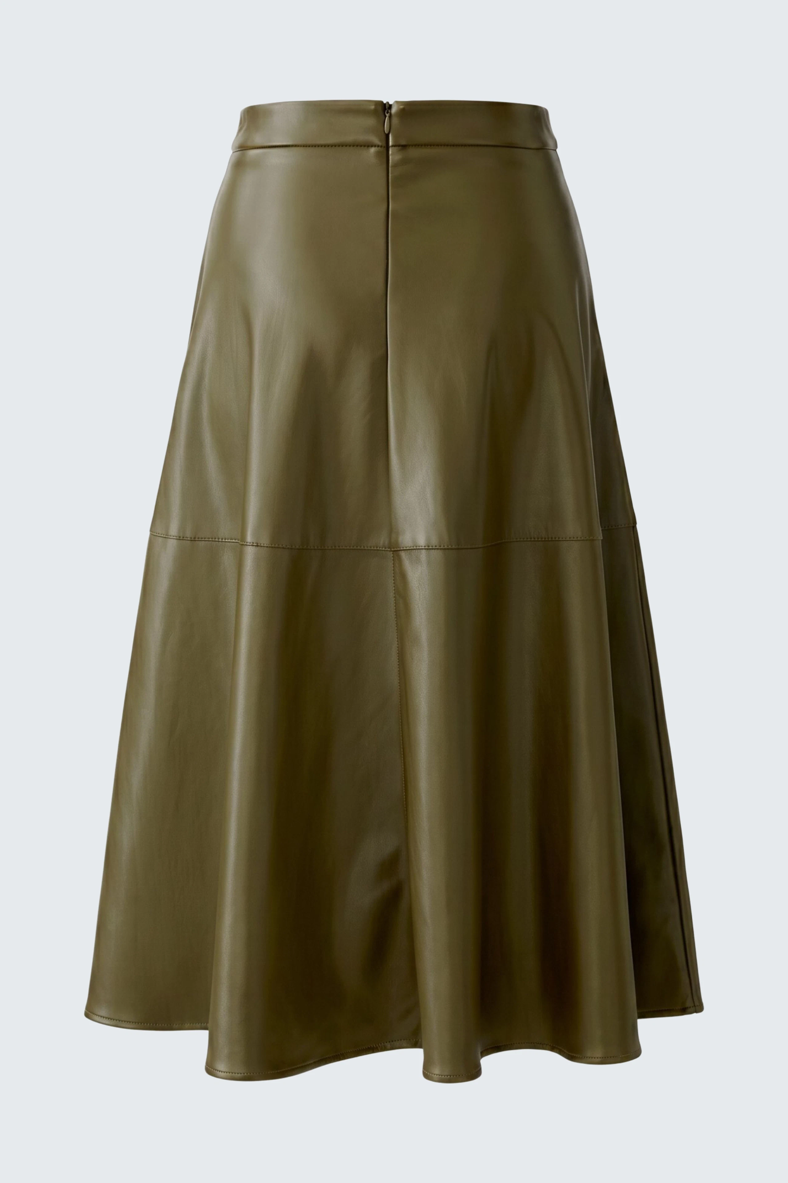 A-line skirt in olive green leather, no model shown. Simple, versatile design for everyday wear.