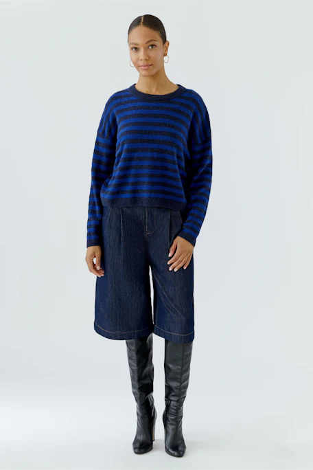 Casual pullover: Blue and black striped pullover with a relaxed fit, perfect for everyday wear.