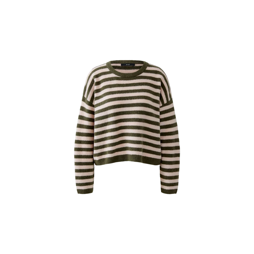 Gemusterter Damen-Pullover: Bequemer, gestreifter Pullover in Rosa und Oliv für lässige Outfits.