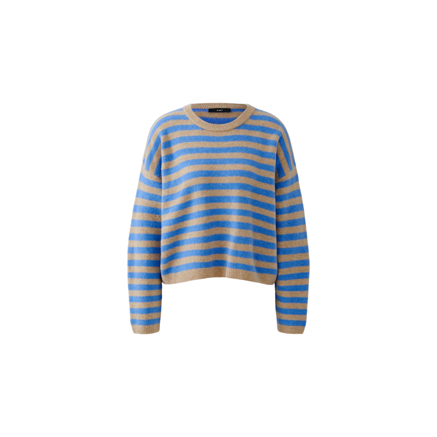 Bequemer Damen-Pullover in blau-beigen Streifen, lässig geschnitten und ideal für den Alltag.