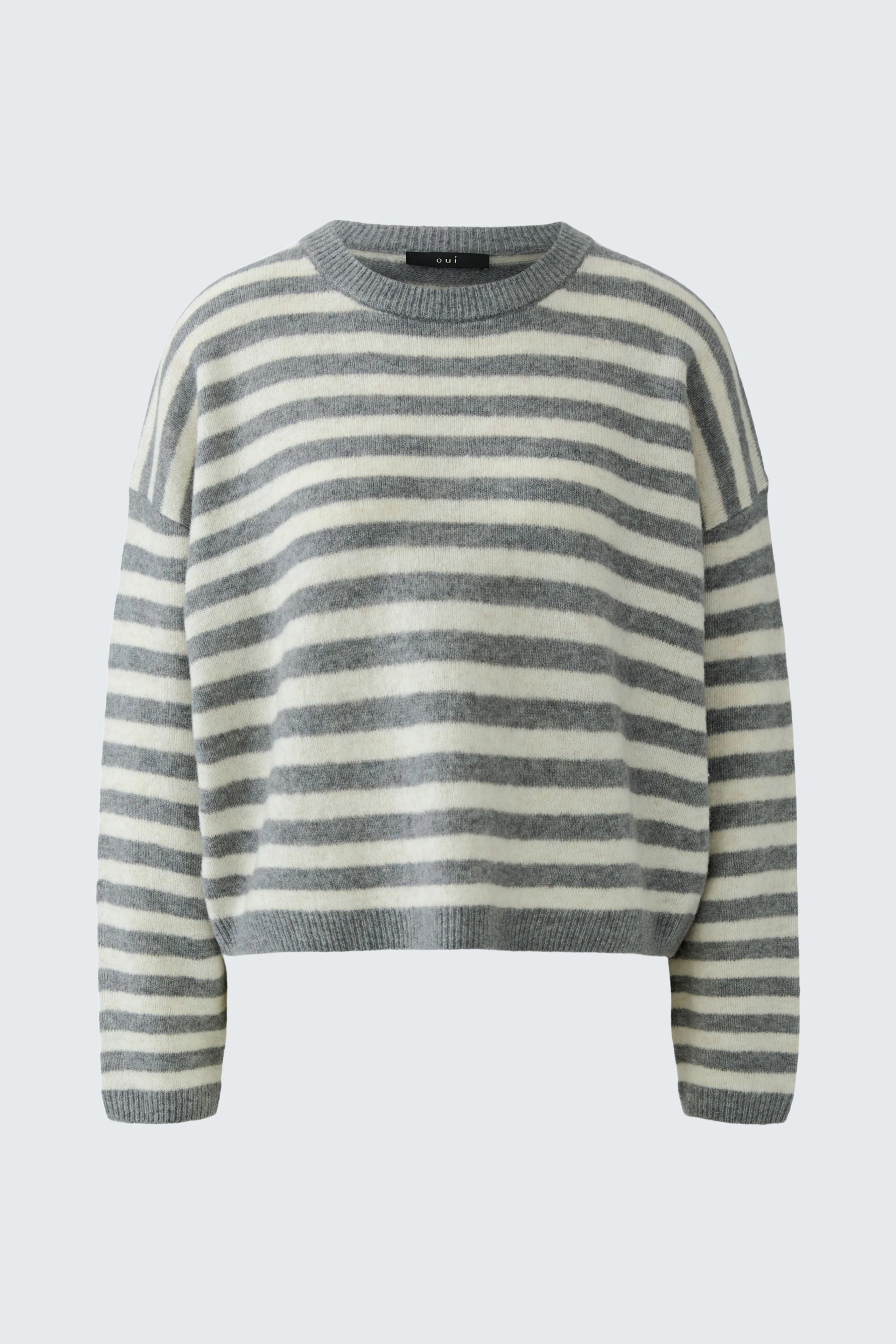 Gestreifter Damen-Pullover: Grau-weißer Pullover mit Rundhalsausschnitt, lässig und bequem.