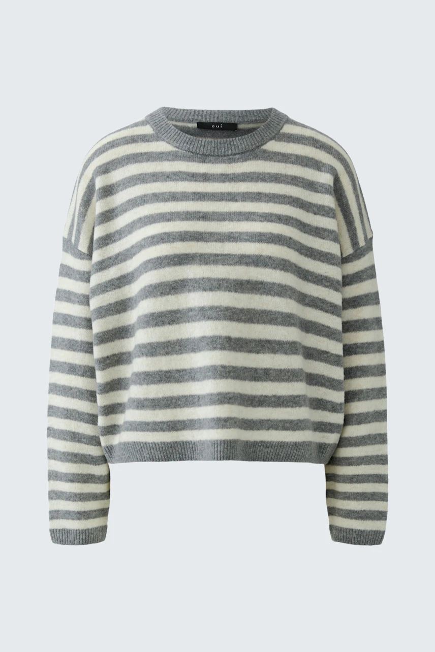 Casual striped pullover: Grey and white stripes, relaxed fit, perfect for everyday wear.