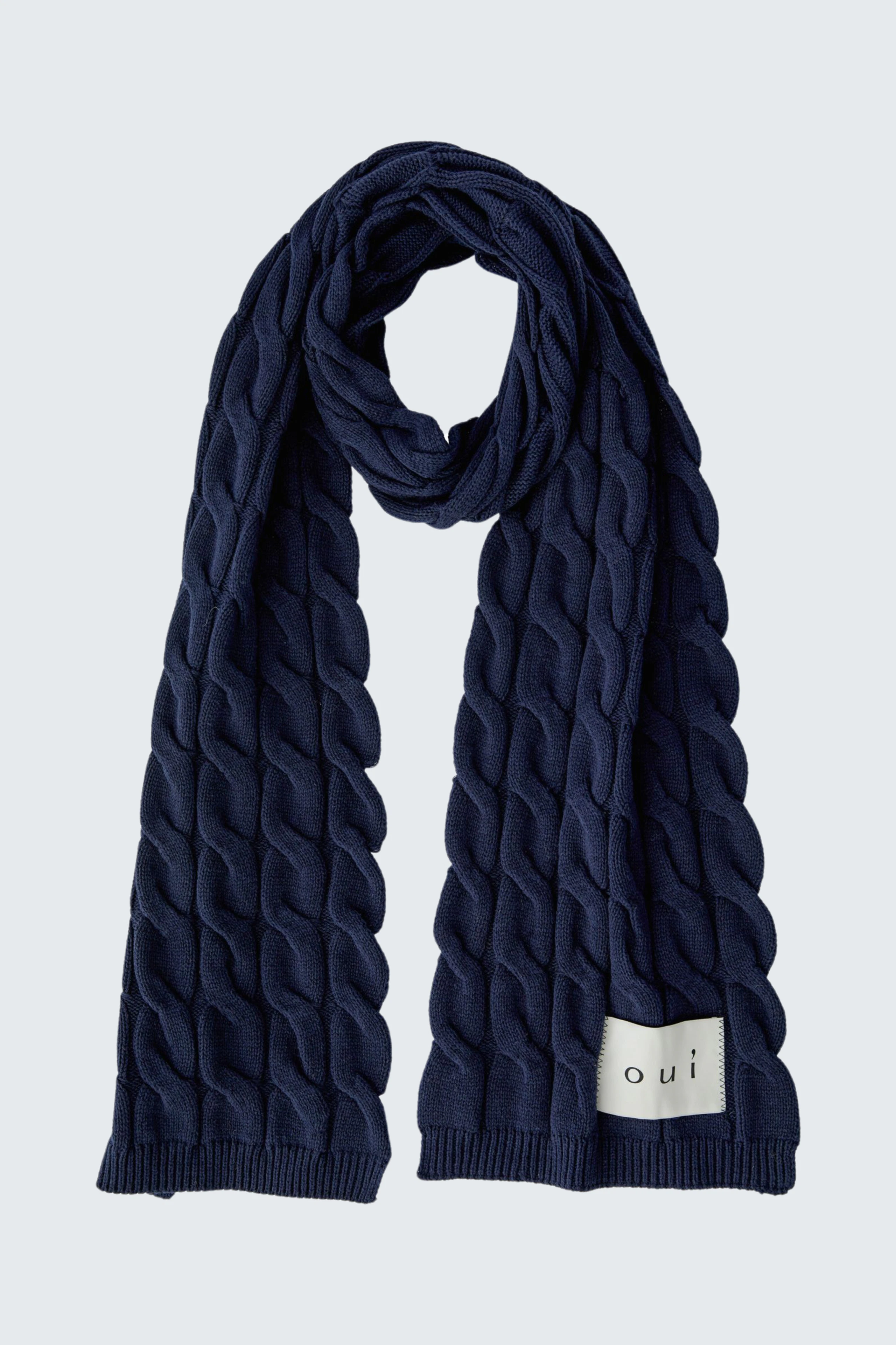 Cozy women's scarf in navy blue with a textured cable knit design.