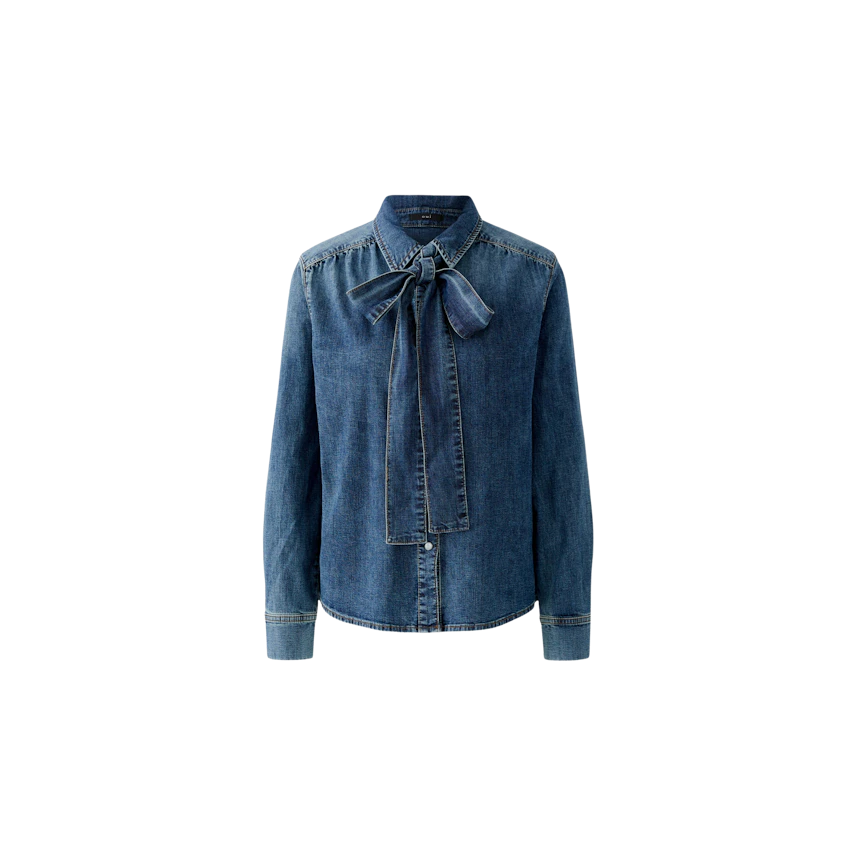 Casual women's denim shirt with a bow tie detail, perfect for everyday wear.