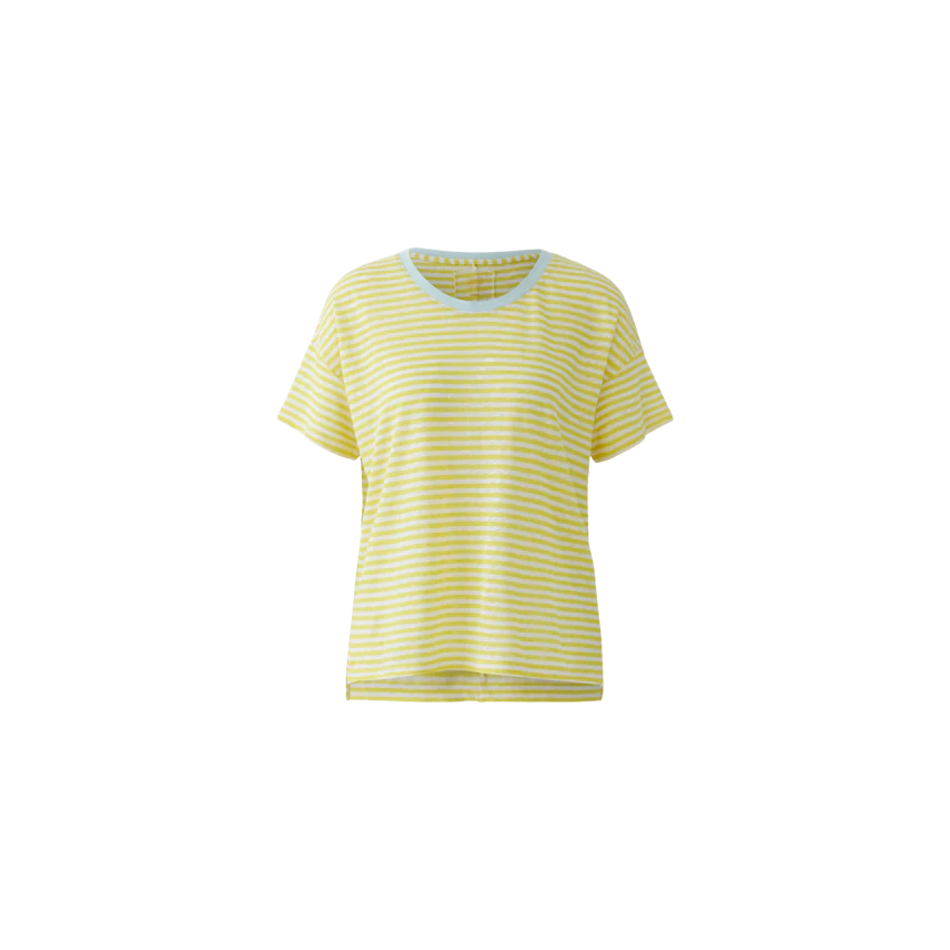 Gelb-weiß gestreiftes Damen-T-Shirt ohne Model, lässiger Schnitt, ideal für den Alltag.