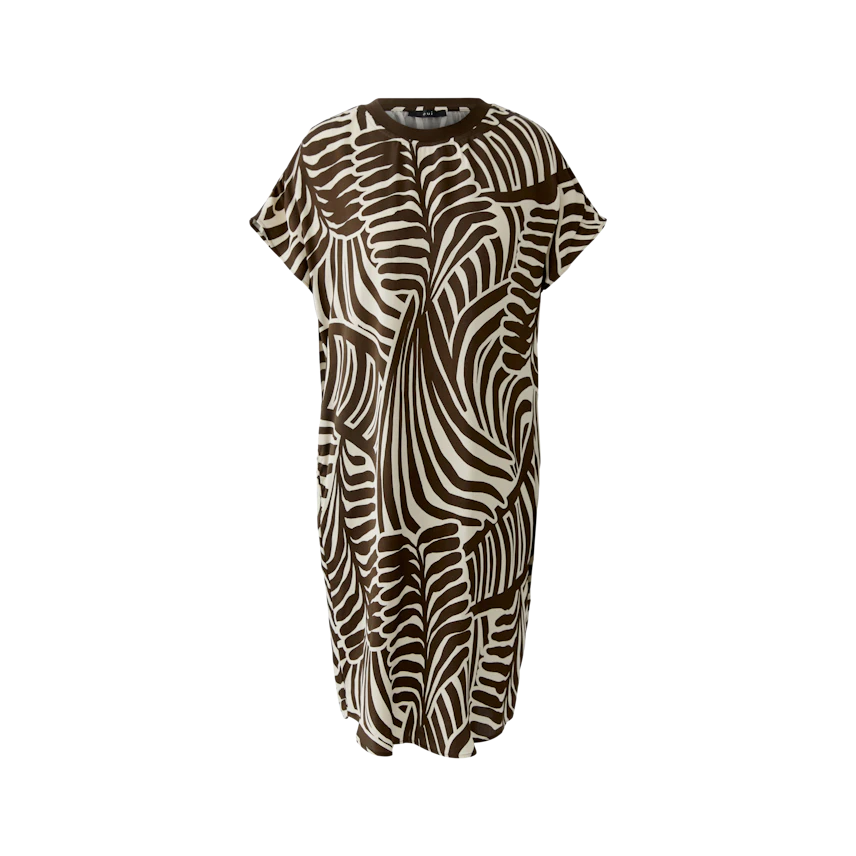 Casual hanger dress with bold zebra print in brown and white. Loose fit, short sleeves, no model shown.