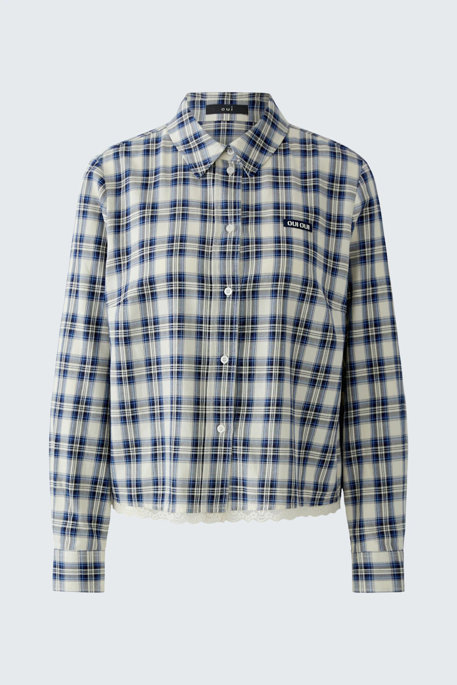 Casual women's shirt blouse in blue and white plaid pattern, buttoned up with a classic collar.