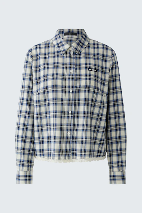 Casual women's shirt blouse in blue and white plaid pattern, buttoned up with a classic collar.