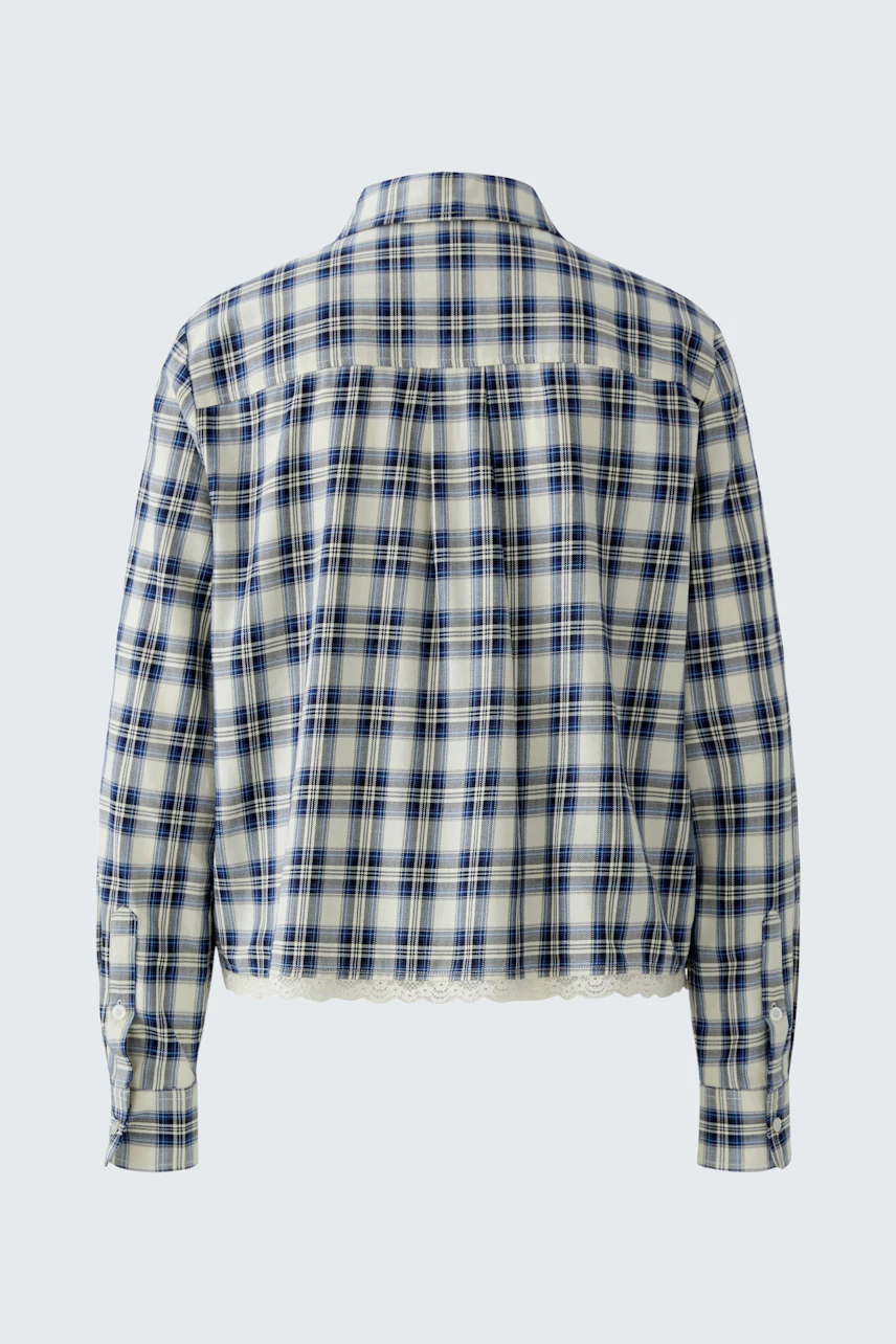 Casual women's shirt blouse in blue and white plaid pattern, shown from the back.