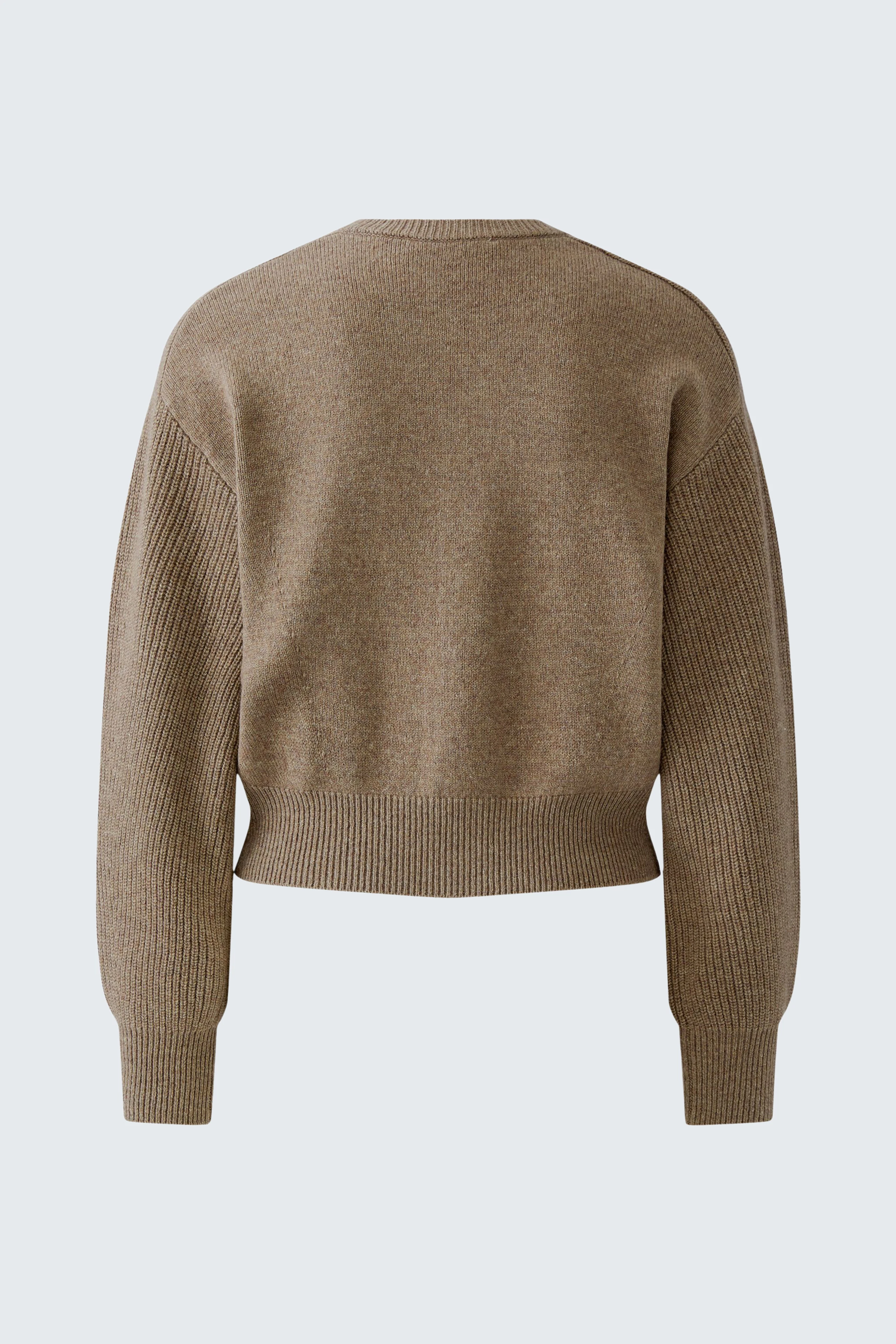 Casual women's cardigan in brown, shown from the back. Simple design with ribbed cuffs and hem.