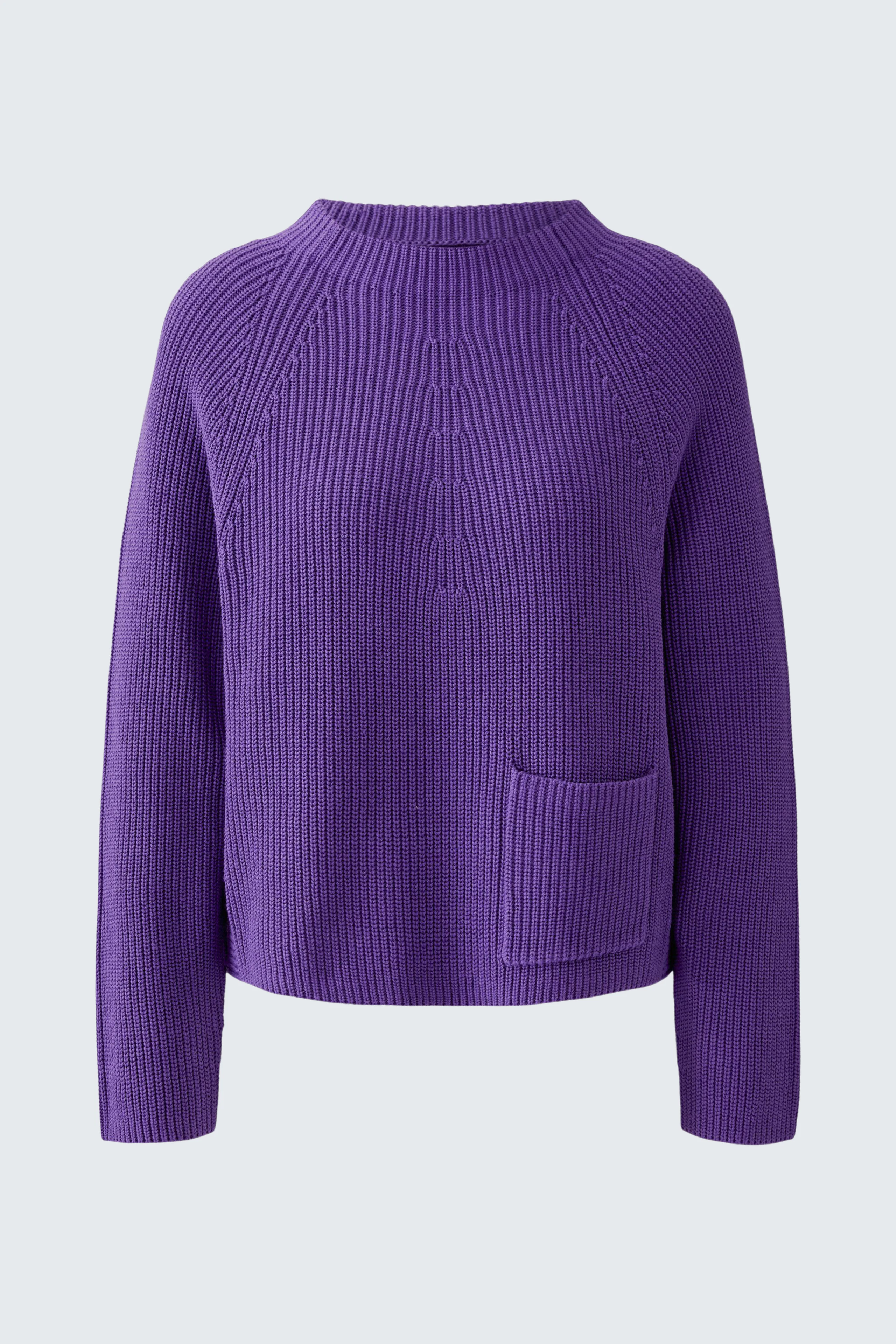 Lila Damen-Pullover: Strickpullover mit Rundhalsausschnitt und aufgesetzter Tasche, ohne Model abgebildet.
