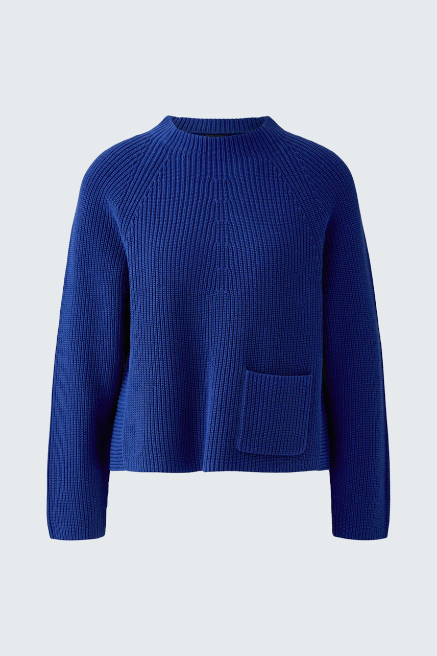 Casual blue pullover with ribbed texture and front pocket, perfect for a relaxed look.