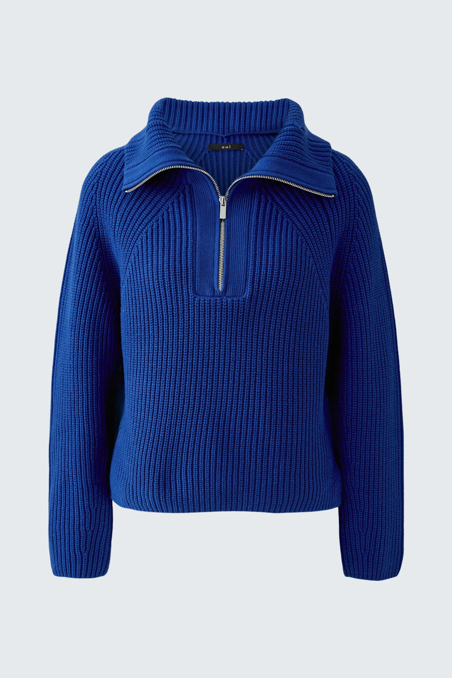 Blue ribbed pullover with a zip collar, perfect for casual wear. No model, just the pullover.